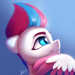 Size: 2050x2050 | Tagged: safe, artist:tyleks, zipp storm, pegasus, pony, g5, cute, female, gradient background, high res, looking up, mare, signature, smiling, solo, thinking, wing hands, wings