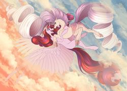 Size: 1600x1143 | Tagged: safe, artist:sunny way, princess cadance, oc, oc only, oc:bleeding heart, oc:sumac spirit, alicorn, pony, unicorn, g4, art, artwork, belly, cloud, concave belly, digital art, duo, falling, feather, female, feral, fit, flying, happy, horn, large wings, long hair, mare, muscles, open mouth, reward, scary, sky, slender, smiling, spread wings, thin, wings