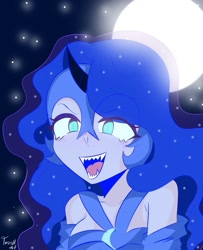 Size: 935x1150 | Tagged: safe, artist:trash-art06, princess luna, human, g4, bust, fangs, female, full moon, helmet, horn, horned humanization, humanized, moon, no pupils, open mouth, smiling, solo, teeth