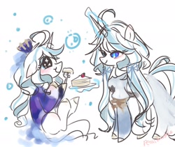 Size: 2048x1726 | Tagged: safe, artist:petaltwinkle, pony, unicorn, ahoge, blue eyes, blue ribbon, blushing, brown hooves, bubble, cake, cake slice, clothes, coat, colored hooves, colored pupils, colored sketch, crown, curly mane, dress, duo, duo female, eating, eye clipping through hair, eyebrows, eyebrows visible through hair, eyelashes, female, focalors (genshin impact), food, fork, furina (genshin impact), genshin impact, glowing, glowing horn, gown, hair ribbon, hoof hold, horn, jewelry, lidded eyes, long horn, long mane, looking at each other, looking at someone, magic, mare, plate, ponified, regalia, ribbon, shiny eyes, simple background, sitting, sketch, smiling, smiling at each other, sparkles, sparkly eyes, standing, starry eyes, telekinesis, tiara, two toned mane, unicorn horn, wavy mane, white background, white coat, white hooves, wingding eyes