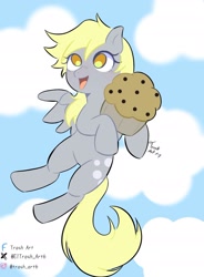 Size: 1182x1609 | Tagged: safe, artist:eltrash_art6, derpy hooves, pegasus, pony, g4, female, food, holding, mare, muffin, open mouth, signature, sky, smiling, solo