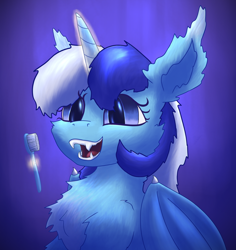 Size: 1866x1976 | Tagged: safe, artist:gosha305, minuette, alicorn, bat pony, bat pony alicorn, pony, g4, bat ponified, bat wings, blue background, bust, chest fluff, cute, ear fluff, fangs, female, fluffy, folded wings, glowing, glowing horn, gradient background, horn, levitation, looking at you, magic, mare, open mouth, open smile, portrait, race swap, slit pupils, smiling, smiling at you, solo, teeth, telekinesis, toothbrush, wings