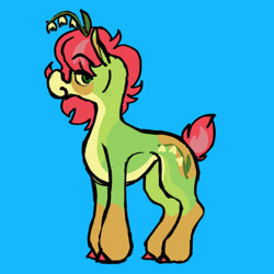 Size: 2048x2048 | Tagged: safe, artist:tamponropeburn, oc, oc only, oc:carrot (friendlyfloaty), earth pony, pony, blue background, flower, full body, green coat, red mane, red tail, short tail, simple background, smiling, solo, standing, tail, yellow coat