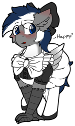 Size: 598x1000 | Tagged: safe, artist:skylarpalette, oc, oc only, oc:blitz streak, hippogriff, pony, adorable face, blushing, bow, cheek fluff, clothes, crossdressing, crossed legs, cute, ear fluff, hair bow, looking back, maid, male, png, shoes, skirt, socks, stallion, stockings, talking, talons, thigh highs, wings