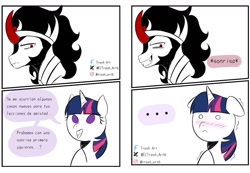 Size: 1413x979 | Tagged: safe, artist:trash-art06, king sombra, twilight sparkle, pony, blushing, comic, embarrassed, female, male, open mouth, ship:twibra, shipping, simple background, smiling, spanish, straight, translated in the description, white background