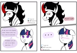 Size: 1413x979 | Tagged: safe, artist:eltrash_art6, king sombra, twilight sparkle, pony, g4, blushing, comic, embarrassed, female, male, no pupils, open mouth, ship:twibra, shipping, simple background, smiling, spanish, straight, translated in the description, white background