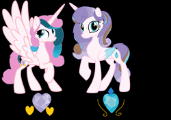 Size: 7616x5320 | Tagged: safe, artist:galaxynightsparkle, oc, oc only, oc:crystal heart, oc:garion heart, alicorn, pony, absurd resolution, alicorn oc, base used, black background, colored wings, duo, duo female, female, horn, looking at you, mare, offspring, parent:pound cake, parent:princess flurry heart, parents:poundflurry, raised hoof, siblings, simple background, sisters, smiling, smiling at you, twins, wings
