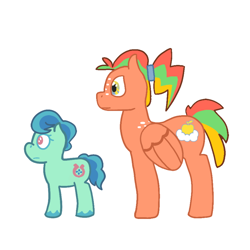 Size: 1280x1280 | Tagged: artist needed, safe, oc, oc only, oc:criss cross, oc:fortune, earth pony, pegasus, pony, duo, female, foal, magical lesbian spawn, mare, next generation, offspring, parent:applejack, parent:marble pie, parent:rainbow dash, parent:trouble shoes, parents:appledash, parents:marbleshoes, redesign, reference sheet, simple background, white background