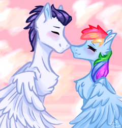 Size: 2413x2517 | Tagged: safe, artist:luna almond, rainbow dash, soarin', pegasus, pony, g4, boop, chest fluff, cloud, duo, duo male and female, eyes closed, female, male, noseboop, nuzzling, ship:soarindash, shipping, sky, smiling, spread wings, straight, wings
