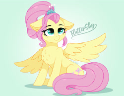 Size: 3840x2970 | Tagged: safe, artist:emyart18, part of a set, fluttershy, pegasus, pony, g4, bags under eyes, chest fluff, cute, female, floppy ears, gradient background, high res, mare, older, older fluttershy, shyabetes, sitting, solo, spread wings, wings