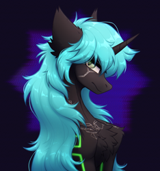 Size: 2658x2843 | Tagged: safe, artist:viryav, oc, oc only, oc:crazy_genetic, cyber pony, cyborg, pony, unicorn, bust, cyber eyes, dark background, fluffy, horn, male, neon, serious, serious face, solo