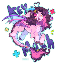 Size: 850x925 | Tagged: safe, artist:flixanoa, oc, oc:key mash, dragon, angry, bat wings, chest fluff, claws, commission, ear fluff, female, heterochromia, horns, mare, pink, silly bandz, solo, sparkles, spread wings, text, transparent wings, wings