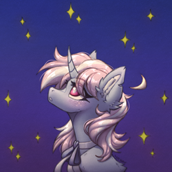 Size: 2982x2980 | Tagged: safe, artist:viryav, oc, oc only, fluffy pony, pony, unicorn, blushing, bow, bowtie, cute, dark background, excited, female, fluffy, freckles, horn, mare, night, scar, simple background, sketch, solo, stars, surprised, surprised face, traditional art