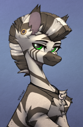 Size: 2112x3246 | Tagged: safe, artist:viryav, oc, oc only, earth pony, pony, zebra, ear piercing, jewelry, looking at you, male, pendant, piercing, satisfied, simple background, sketch, smiling, smiling at you, solo, striped, traditional art