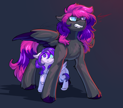 Size: 1887x1652 | Tagged: safe, artist:peachmayflower, oc, oc:arcadia, oc:slipspace perigee, bat pony, pony, bat pony oc, fangs, female, foal, mother, mother and child, mother and daughter, protecting, slit pupils
