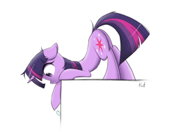 Size: 3284x2463 | Tagged: safe, artist:kaf_pone, twilight sparkle, pony, unicorn, g4, behaving like a cat, butt, ears back, face down ass up, female, floppy ears, high res, horn, mare, plot, signature, simple background, solo, unicorn twilight, white background