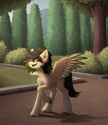 Size: 3222x3725 | Tagged: safe, artist:viryav, oc, oc only, pegasus, pony, blushing, bush, commission, complex background, ear piercing, eyes closed, female, fluffy, full body, grass, happy, mare, nose piercing, piercing, rain, road, shadow, smiling, solo, tree, wings
