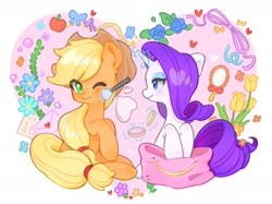 Size: 1890x1417 | Tagged: safe, artist:chonpsk, applejack, rarity, earth pony, pony, unicorn, g4, applejack's hat, applying makeup, bag, blushing, cowboy hat, duo, duo female, female, flower, freckles, hat, heart, horn, lesbian, letter, looking at each other, looking at someone, love letter, magic, makeup, makeup brush, mare, mirror, ship:rarijack, shipping, sitting, telekinesis