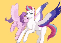 Size: 2048x1431 | Tagged: safe, artist:qhsg3, pipp petals, zipp storm, pegasus, pony, g5, duo, eyes closed, female, height difference, looking at you, nuzzling, pipp is short, royal sisters (g5), siblings, simple background, sisters, spread wings, wings, yellow background, zipp is tall