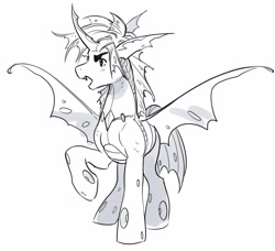 Size: 4096x3739 | Tagged: safe, artist:opalacorn, shining armor, changeling, pony, black and white, curved horn, false shining au, fangs, grayscale, horn, male, monochrome, simple background, solo, spread wings, stallion, white background, wings