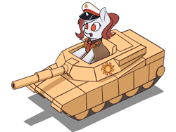 Size: 2800x2100 | Tagged: safe, artist:zeroonesunray, oc, oc only, oc:red rocket, equestria at war mod, cap, cardboard, commission, female, filly, foal, happy, hat, m1 abrams, simple background, solar empire, solo, tank (vehicle), transparent background, ych result, your character here