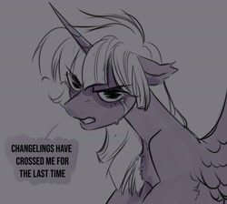 Size: 4096x3669 | Tagged: safe, artist:opalacorn, twilight sparkle, alicorn, pony, g4, chest fluff, dialogue, eye clipping through hair, eyebrows, eyebrows visible through hair, false shining au, female, implied death, mare, monochrome, simple background, sketch, solo, speech bubble, twilight sparkle (alicorn)