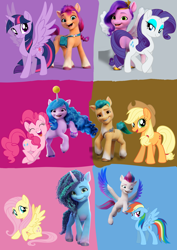 Size: 1240x1754 | Tagged: artist needed, safe, applejack, fluttershy, hitch trailblazer, izzy moonbow, misty brightdawn, pinkie pie, pipp petals, rainbow dash, rarity, sunny starscout, twilight sparkle, zipp storm, alicorn, earth pony, pegasus, pony, unicorn, g4, g5, my little pony: a new generation, 40th anniversary, bag, ball, blaze (coat marking), blue background, bracelet, braid, brown background, coat markings, conceited, facial markings, female, flying, frown, gray background, hitch and his heroine, hooves, horn, izzy and her heroine, izzy's tennis ball, jewelry, jumping, looking at each other, looking at someone, mane five, mane six, mane six (g5), misty and her heroine, movie accurate, open mouth, open smile, pink background, pipp and her heroine, purple background, shy, sitting, smiling, smiling at each other, smirk, socks (coat markings), spread wings, standing, sunny and her heroine, tennis ball, twilight sparkle (alicorn), walking, wings, zipp and her heroine