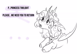 Size: 2160x1532 | Tagged: safe, artist:opalacorn, princess flurry heart, alicorn, changepony, hybrid, pony, false shining au, g4, alternate universe, black and white, cloven hooves, dialogue, ear piercing, earring, fangs, female, fetlock tuft, grayscale, implied twilight sparkle, jewelry, mare, monochrome, offscreen character, peytral, piercing, regalia, simple background, sketch, solo, species swap, speech bubble, white background