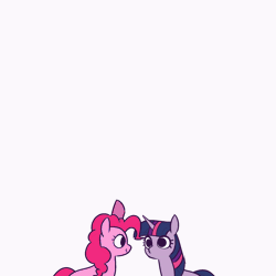 Size: 1667x1667 | Tagged: safe, artist:syrupyyy, pinkie pie, twilight sparkle, earth pony, pony, unicorn, g4, animated, bap, bonk, cute, diapinkes, duo, floppy ears, gif, head pat, horn, pat, ponytober, ponytober 2022, silly, simple background, smiling, twiabetes, two-frame gif, unicorn twilight, white background