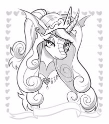 Size: 2814x3209 | Tagged: safe, artist:opalacorn, princess flurry heart, alicorn, changeling, changepony, hybrid, pony, g4, alternate universe, black and white, bust, curved horn, ear piercing, earring, eye clipping through hair, eyebrows, eyebrows visible through hair, false shining au, female, grayscale, horn, jewelry, mare, monochrome, necklace, older, older flurry heart, piercing, regalia, sketch, solo, species swap