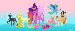 Size: 4570x1936 | Tagged: safe, artist:skaiiravenom, applejack, fluttershy, pinkie pie, rainbow dash, rarity, twilight sparkle, alicorn, earth pony, pegasus, pony, unicorn, g4, animator, cartoonist, gradient background, horn, mane 6 redesign, mane six, princess, twilight sparkle (alicorn)