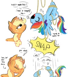 Size: 851x954 | Tagged: safe, artist:appledash3r_, applejack, rainbow dash, earth pony, pegasus, pony, g4, 2 panel comic, applejack's hat, blonde mane, blue coat, colored, colored sketch, comic, cowboy hat, dialogue, duo, duo female, emanata, eye clipping through hair, eyebrows, eyebrows visible through hair, eyelashes, eyes closed, facehoof, female, freckles, frown, hanging, hanging upside down, hat, lesbian, lidded eyes, mare, multicolored hair, multicolored mane, multicolored tail, narrowed eyes, no catchlights, open mouth, orange coat, plewds, ponytail, rainbow hair, rainbow tail, rope, sheepish grin, ship:appledash, shipping, simple background, sketch, speech bubble, stuck, tail, talking, text, tied mane, tied up, upside down, white background, you tried