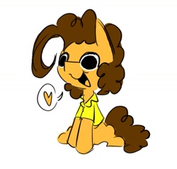 Size: 1036x985 | Tagged: safe, artist:appledash3r_, cheese sandwich, earth pony, pony, g4, artists:appledash3r , brown mane, brown tail, clothes, colored, curly mane, curly tail, cute, diacheeses, flat colors, gift art, heart, male, open mouth, open smile, orange coat, shirt, simple background, sitting, smiling, solo, speech bubble, stallion, t-shirt, tail, tongue out, white background, wide eyes