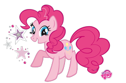 Size: 1046x690 | Tagged: safe, edit, vector edit, pinkie pie, earth pony, pony, g4, official, looking at you, my little pony logo, open mouth, open smile, raised hoof, simple background, smiling, stars, transparent background, vector