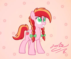 Size: 584x485 | Tagged: safe, artist:jacksterqueen, oc, oc only, earth pony, pony, bow, braid, female, filly, foal, freckles, grin, looking up, mare, offspring, parent:big macintosh, parent:princess cadance, parents:cadmac, signature, smiling, solo