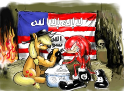Size: 837x616 | Tagged: safe, artist:moonraiser2, applejack, earth pony, echidna, pony, american flag, arabic, arm wrestling, crossover, duo, female, fire, knuckles the echidna, male, mare, sonic the hedgehog (series)