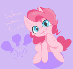 Size: 2460x2316 | Tagged: safe, artist:tkshoelace, pinkie pie, earth pony, pony, g4, hoof on chin, looking at you, purple background, raised hoof, simple background, solo, text