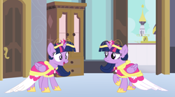 Size: 3175x1755 | Tagged: safe, artist:brightstar40k, twilight sparkle, alicorn, changeling, pony, g4, base used, canterlot, clothes, coronation dress, disguise, disguised changeling, double, dress, duo, female, folded wings, impostor, indoors, looking at each other, looking at someone, mare, open mouth, open smile, raised hoof, smiling, twilight sparkle (alicorn), uh oh, wings, worried