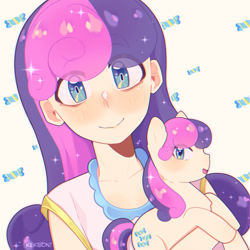 Size: 2248x2248 | Tagged: safe, artist:kekibon, bon bon, sweetie drops, earth pony, human, pony, equestria girls, g4, abstract background, adorabon, blushing, clothes, cute, dress, eye clipping through hair, eyebrows, eyebrows visible through hair, female, human ponidox, mare, open mouth, self paradox, self ponidox, smiling, solo