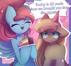 Size: 2600x2400 | Tagged: safe, artist:miryelis, oc, oc only, oc:rainven wep, oc:shenn brale, earth pony, pegasus, pony, cake, cute, eye clipping through hair, female, food, happy birthday, long hair, mare, smiling, sparkles, text, wings