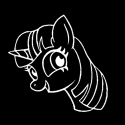 Size: 500x500 | Tagged: safe, alternate version, artist:ponyhugger, twilight sparkle, pony, unicorn, g4, black and white, black background, female, grayscale, horn, lineart, mare, monochrome, open mouth, open smile, simple background, smiling, solo