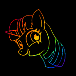 Size: 500x500 | Tagged: safe, alternate version, artist:ponyhugger, twilight sparkle, pony, unicorn, g4, black background, female, horn, lineart, mare, open mouth, open smile, rainbow, simple background, smiling, solo