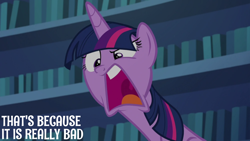 Size: 2000x1125 | Tagged: safe, edit, edited screencap, editor:quoterific, screencap, twilight sparkle, alicorn, every little thing she does, g4, library, solo, twilight sparkle (alicorn), twilight's castle, twilight's castle library, yelling