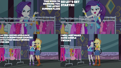 Size: 2000x1125 | Tagged: safe, edit, edited screencap, editor:quoterific, screencap, applejack, rarity, equestria girls, g4, my little pony equestria girls: better together, street chic, clothes rack, duo, duo female, female
