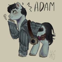 Size: 1440x1440 | Tagged: safe, artist:l3l0irs, earth pony, pegasus, pony, black hair, black mane, black tail, blushing, camera, clothes, cream background, emanata, emoji, hooves, male, name, oversized clothes, oversized shirt, ponified, question mark, raised hoof, saw, saw (movie), shirt, side view, simple background, slight smile, smiling, solo, standing, tail, thinking, unshorn fetlocks, 🤔