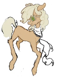 Size: 975x1261 | Tagged: oc name needed, safe, artist:butcherparty, artist:dddddaxie998839, oc, oc only, earth pony, pony, bandana, blank flank, blue sclera, brown coat, colored, colored eyelashes, colored sclera, colored sketch, cream eyelashes, cream mane, cream tail, earth pony oc, flat colors, floppy ears, freckles, green eyes, long legs, long mane, neckerchief, not mayor mare, ponytail, profile, simple background, sketch, smiling, thin legs, white background