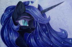 Size: 4000x2651 | Tagged: safe, artist:jsunlight, nightmare moon, alicorn, pony, g4, bust, frown, high res, solo, traditional art, watercolor painting