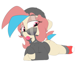 Size: 2661x2151 | Tagged: safe, artist:chaosllama, oc, oc only, oc:jenny bit, earth pony, pony, backwards ballcap, baseball cap, bubblegum, cap, clothes, converse, food, freckles, gum, hat, jacket, lying down, multicolored hair, shoes, short tail, simple background, socks, solo, sticker, sunglasses, tail, transparent background
