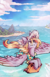 Size: 1430x2198 | Tagged: safe, artist:lonerdemiurge_nail, derpy hooves, alicorn, pony, g4, alicornified, clothes, commission, derpicorn, female, flying, hat, hawaiian shirt, island, looking up, mare, ocean, race swap, shirt, solo, straw hat, suitcase, water