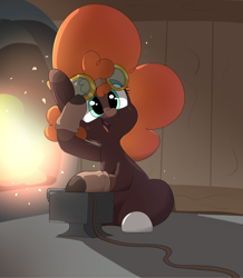 Size: 2472x2833 | Tagged: safe, artist:chaosllama, oc, oc only, oc:sif, earth pony, pony, anvil, blacksmith, clothes, female, furnace, gloves, goggles, looking at you, looking back, looking back at you, mare, poofy mane, solo